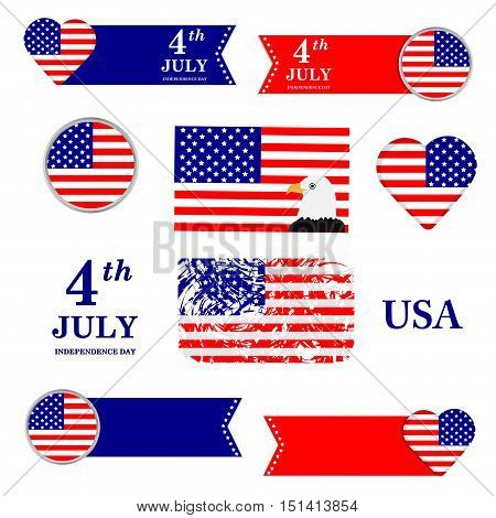American symbols set. Independence Day. 4-th of July. USA flag. Heart.
