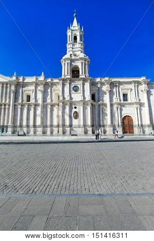 AREQUIPA PERU NOVEMBER 9: Main square of Arequipa with church on november 9  2015 in Arequipa Peru. Arequipa's Plaza de Armas is one of the most beautiful in Peru.