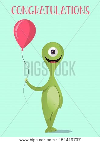 Bright Happy monster with colored balls. The flat style. Congratulations on the holiday.Vector concept background