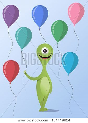 Bright Happy monster with colored balloons. The flat style. Congratulations on the holiday.Vector concept background