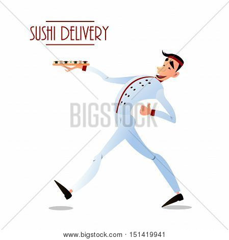 Sushi delivery poster. Sushi menu design. Japanese sushi delivers. Bright cheerful character in a flat style