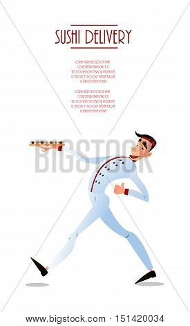 Sushi delivery poster. Sushi menu design. Japanese sushi delivers. Bright cheerful character in a flat style