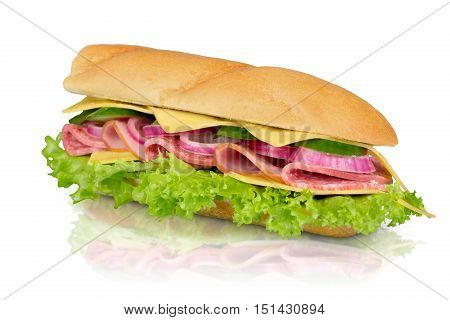 Footlong ham & swiss submarine sandwich isolated on white