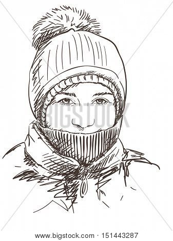Sketch of young girl in winter hat with bubo Hand drawn vector illustration