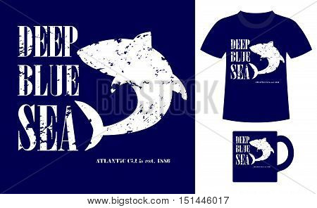 Pattern design concept for printing on T-shirts and souvenirs: title Deep blue sea. Atlantic club 1886 and silhouette shark. Vintage style hand drawn. Vector illustration