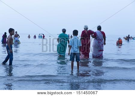 Rameswaram, Tamil Nadu, India - May 25, 2014. Full report about Rameswaram pilgrimage, religion. Religious city rituals. Bath in sea before going temple
