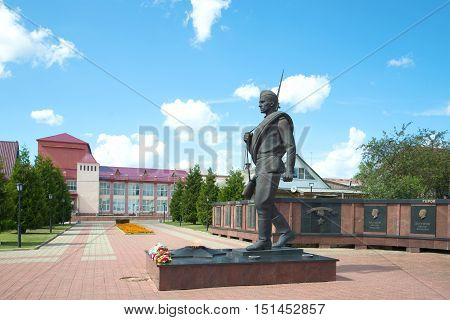 MYSHKIN, RUSSIA - JULY 13, 2016: The monument to the soldier-liberator. Memorial in honor of the 60th anniversary of the Victory in the Great Patriotic War