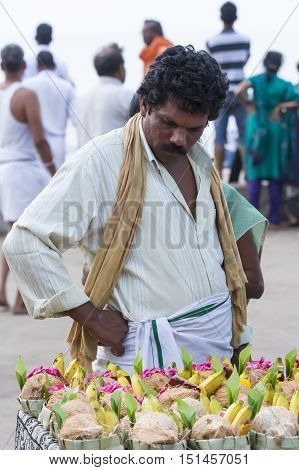 Rameswaram, Tamil Nadu, India - May 25, 2014. Full report about Rameswaram pilgrimage, religion. Religious city rituals. Life in the street before going temple