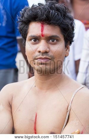 Rameswaram, Tamil Nadu, India - May 25, 2014. Full report about Rameswaram pilgrimage, religion. Religious city rituals. Priest on the beach side, offerings, prayer