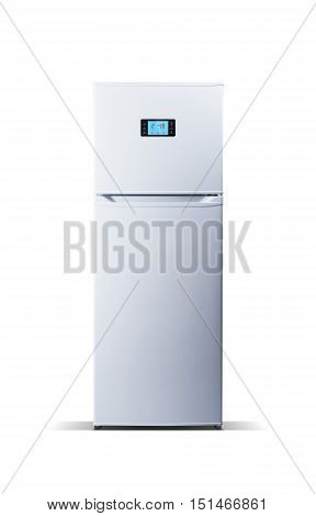 White modern refrigerator isolated on white. The external LED display, with blue glow. Fridge freezer.