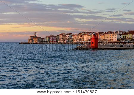 Sunset view on the coastline in Piran. Piran is one of Slovenia's major tourist attractions,Piran, Slovenia.