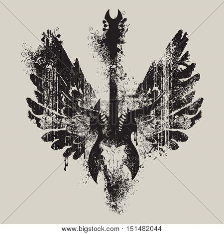 vector illustration with an electric guitar and skull of goat and wings with splashes and curls