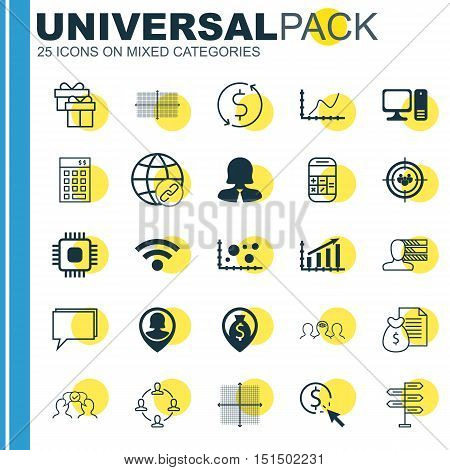Set Of 25 Universal Icons On Computer, Connectivity, Comparsion And More Topics. Vector Icon Set Including Graphical Grid, Money Navigation, Money Trasnfer And Other Icons.