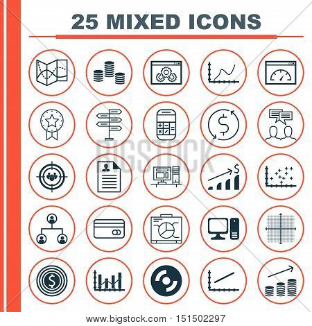 Set Of 25 Universal Icons On Raise Diagram, Blank Cd, Present Badge And More Topics. Vector Icon Set Including Tree Structure, Graphical Grid, Money Trasnfer And Other Icons.