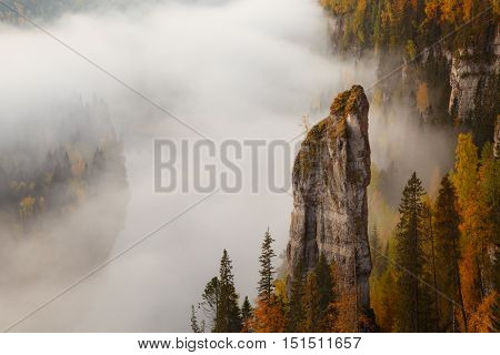 usva river, russian nature, autumn colors, fog on the river, big rock on the river