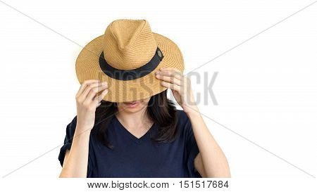 Casual South East Asian Girl Wearing Hat Hiding Face