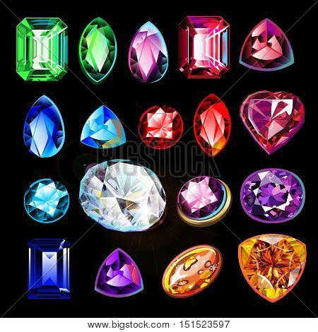 Different in color, shape and cut gems on black background.