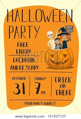 Halloween party poster with halloween elements and place for text. Funny kids in Halloween costumes mummy, vampire and witch. Cartoon Halloween kids characters. Halloween design elements. Flyer on Halloween party night. Layout for halloween ad.