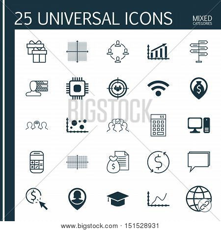Set Of 25 Universal Icons On Pin Employee, Profit Graph, Money Navigation And More Topics. Vector Ic