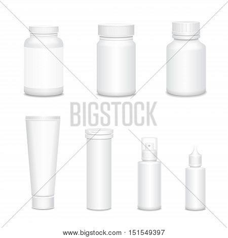 Medicine blank white mock up bottles set for sprays, co and pills realistic isolated 3D illustration