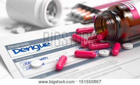 Dengue - Handwritten Diagnosis in the Disease Extract. Medicine Concept with Heap of Pills, CloseUp View, Selective Focus. 3D Illustration.