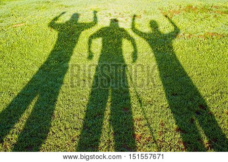 shadows from three people on a green grass in the morning in the form of monsters, in a sunny day