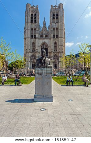 Brussels, Belgium - April 5, 2008: Bronze Monument Of Baudouin King In Front Of The Cathedral St. Gu