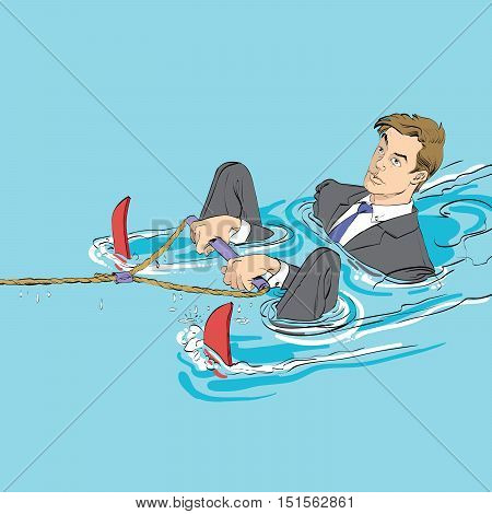Business startup concept. Businessman in water skiing, hand drawn line art illustration. A man is ready to start