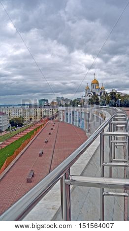 view from new wall viewpoint on Glory Square on Cathedral of St. George at autumn cloudy day in Samara, Russia.