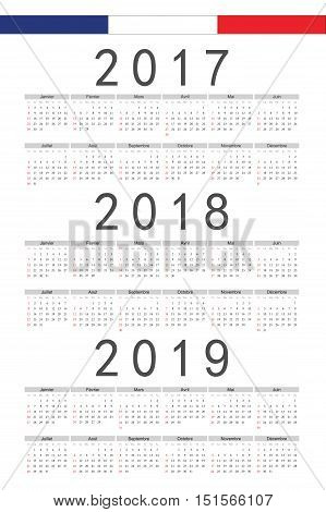 Set Of Rectangle French 2017, 2018, 2019 Year Vector Calendars