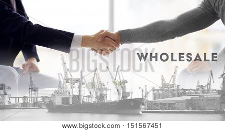 Logistics concept. Double exposure. Two men shaking hands and port in the sea