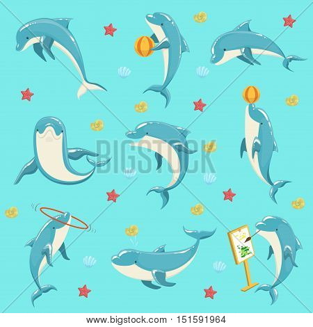 Bottlenose Dolphin Performing Tricks Set of Illustrations. Collection Of Marine Animal Stickers In Simple Realistic Style On Blue Background.
