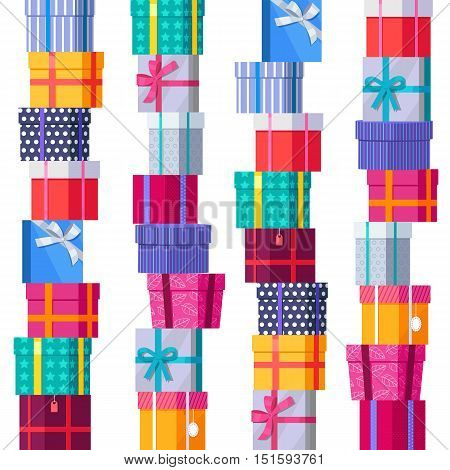 Seamless pattern gift boxes in stacks. Stacks of colorful wrapped gift boxes. Beautiful present box with overwhelming bow. Gift boxes on white background. Gift symbol. Christmas gift box.