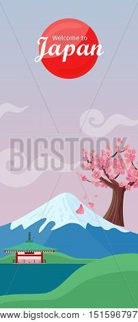 Welcome to Japan. Japan tourism poster design with attractions. Japan natural landscape with mountain, sakura, house, valley. Japan landmark. Japan travel poster design in flat. Travel composition.