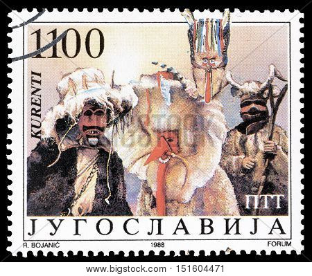YUGOSLAVIA - CIRCA 1988 : Cancelled postage stamp printed by Yugoslavia, that shows Traditional masks.