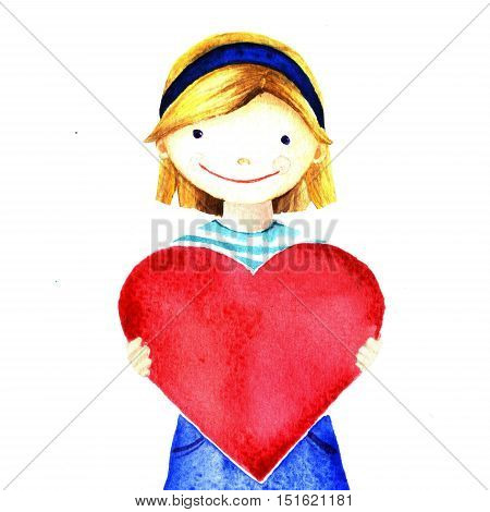 Little pretty beautiful smiling girl holding big red heart in his hands. Watercolor hand painted illustration isolated on white. Charity evening declaration of love. For banner card website poster