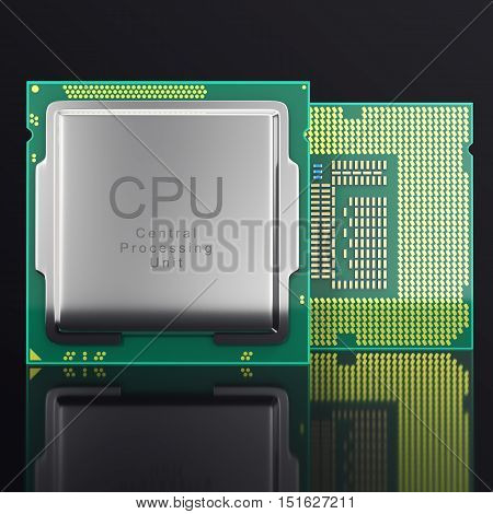 3d illustration modern multicore CPU on black background.