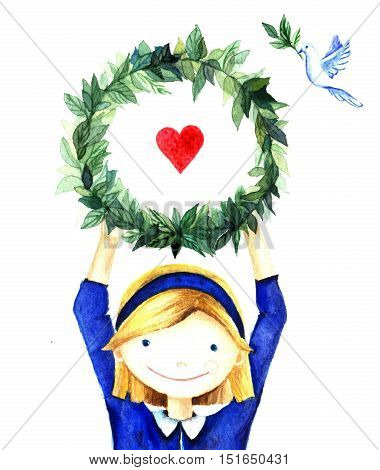 Pretty cute smiling little girl holding a circle wreath frame of branches with leaves. Watercolor hand drawn charity illustration for banners, greeting cards, website, broshure.