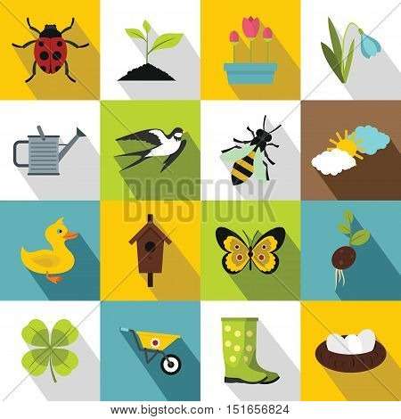 Spring icons set. Flat illustration of 16 spring vector icons for web