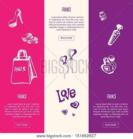 France romantic touristic banners. Shopping bag, cosmetics, shoes, sweet love heart balloons, perfumes hand drawn with vector illustrations on colored backgrounds. France parfume icons. Travel to France symbol concept. Discover France. Cartoon France icon