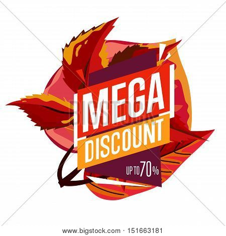 Autumn sale design template, vector illustration. Mega discount banner with colorful leaves on white background. Advertisement about autumnal discount. Autumn sale design template, vector illustration. Big sale, discount template banner