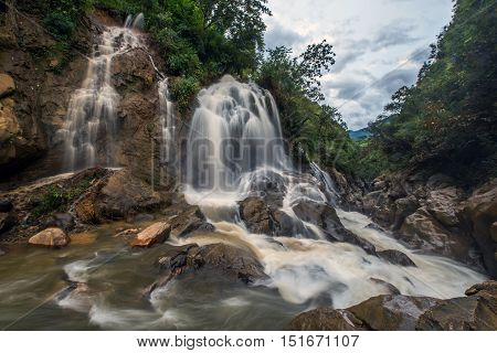 Large Waterfall In The Rainy Season; The Village Cat Cat Brightness Sapa, Vietnam.