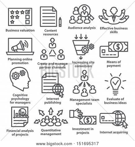 Business management icons in line style on white. Pack 09.
