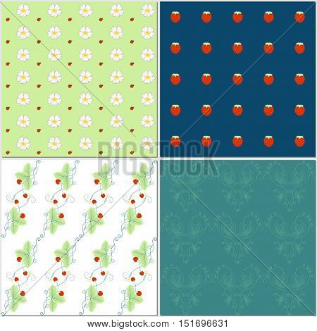 Set of four seamless backgrounds. Theme of nature. Strawberry plants. Flowers berries leaves ladybugs. Bright colors.