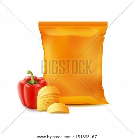 Vector Stack of Potato Crispy Chips with Paprika and Vertical Sealed Empty Orange Plastic Foil Bag for Package Design Close up Isolated on White Background