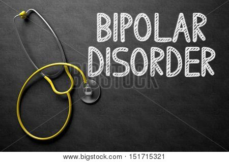 Black Chalkboard with Bipolar Disorder - Medical Concept. Medical Concept: Bipolar Disorder - Text on Black Chalkboard with Yellow Stethoscope. 3D Rendering.