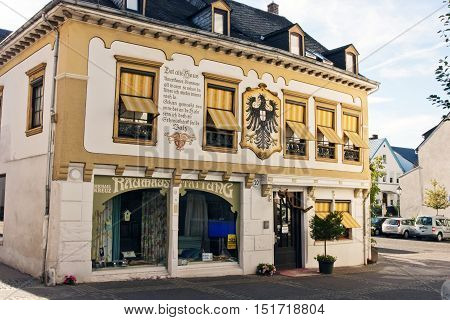 BOPPARD GERMANY - AUGUST 07: View of the house with shops and a renovated facade reminiscent of history in Boppard Germany on August 07 2016