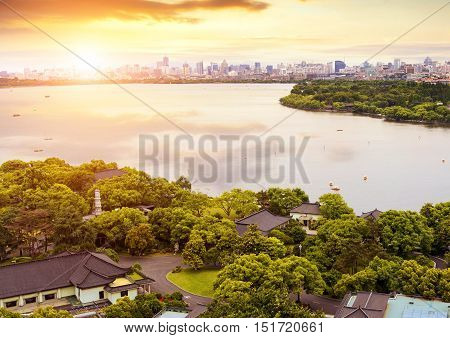 Aerial View of the West Lake and the city of Hangzhou China