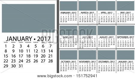 2017 Calendar Planner Design. Vector template design monthly date illustration 2017 calendar week organizer simple number. Organizer date 2017 year calendar month business template design.