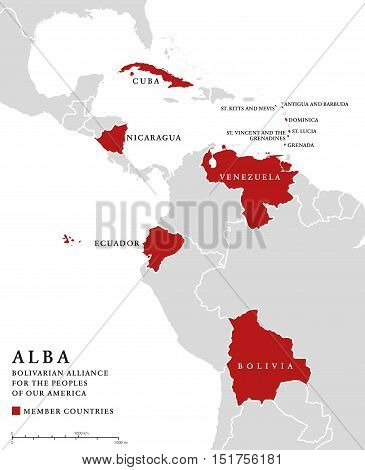 ALBA, member countries info map. Bolivarian Alliance for the Peoples of Our America, an intergovernmental organization and integration platform for the countries of Latin America and the Caribbean.